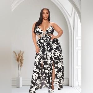 Fashion Nova STRAPPY Black and White Floral Maxi Dress Plus size 1XL NWT
